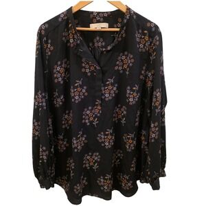 LOFT Sz 20 Navy Floral Peasant Blouse Boho Cottagecore Romantic Feminine‎ Top